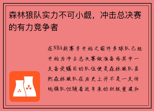 森林狼队实力不可小觑，冲击总决赛的有力竞争者